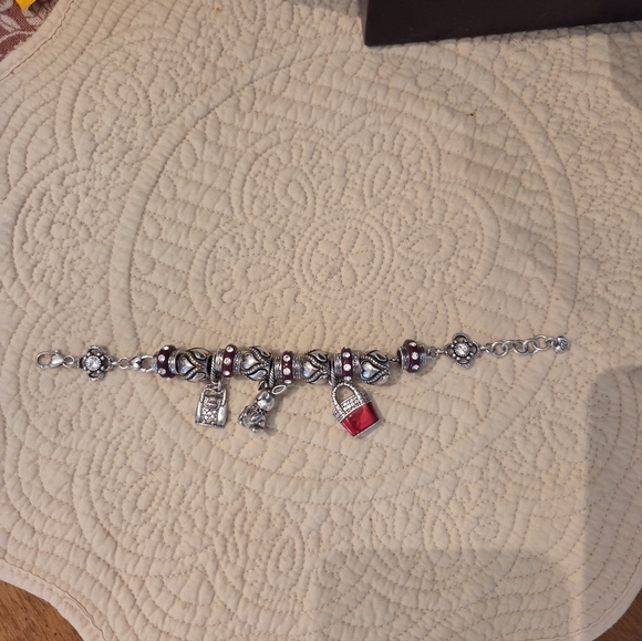 BRIGHTON Silver and Red Charm Bracelet WITH Cute Rabbit And Basket Charms N - Picture 2 of 2